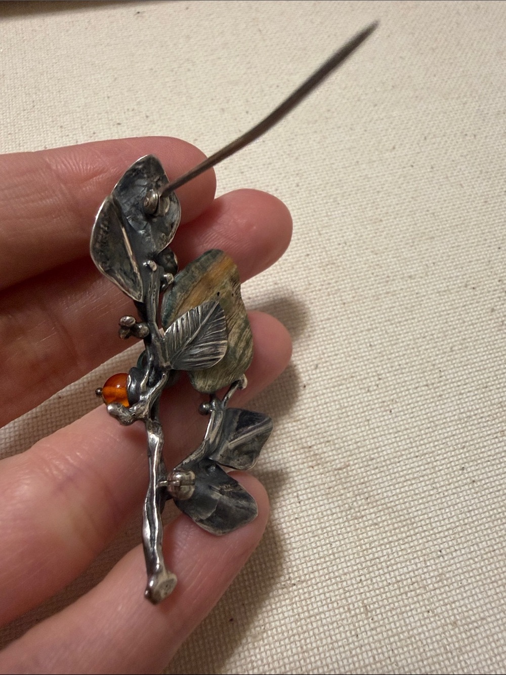 Sterling Silver Botanical Brooch W/Abalone & Accents of Amber & Malachite Stone - Picture 9 of 12